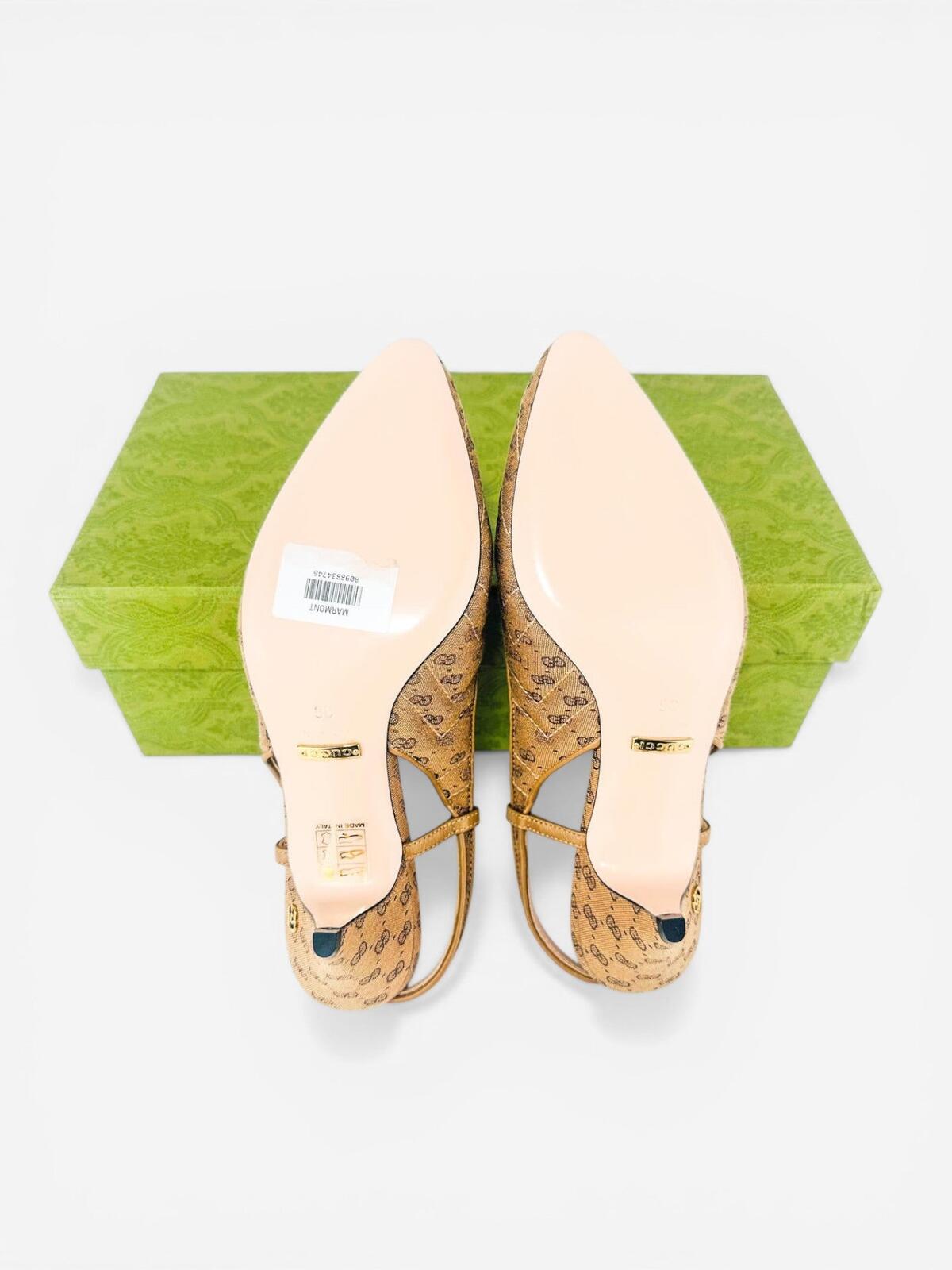 Gucci GG Marmont Canvas Slingback Pump Beige Ebony Gold EU 36 US 6 – view 8