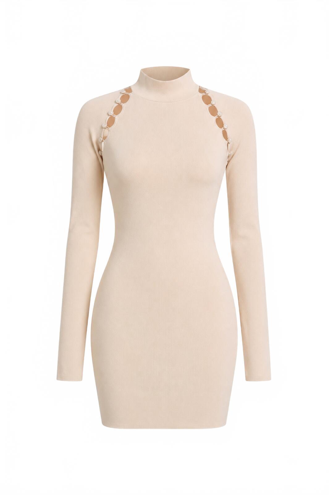 Nanushka Nanushka Ilona Knit Mini Dress Beige Cut Out High Neck Long Sleeve S | NWT - Vestir