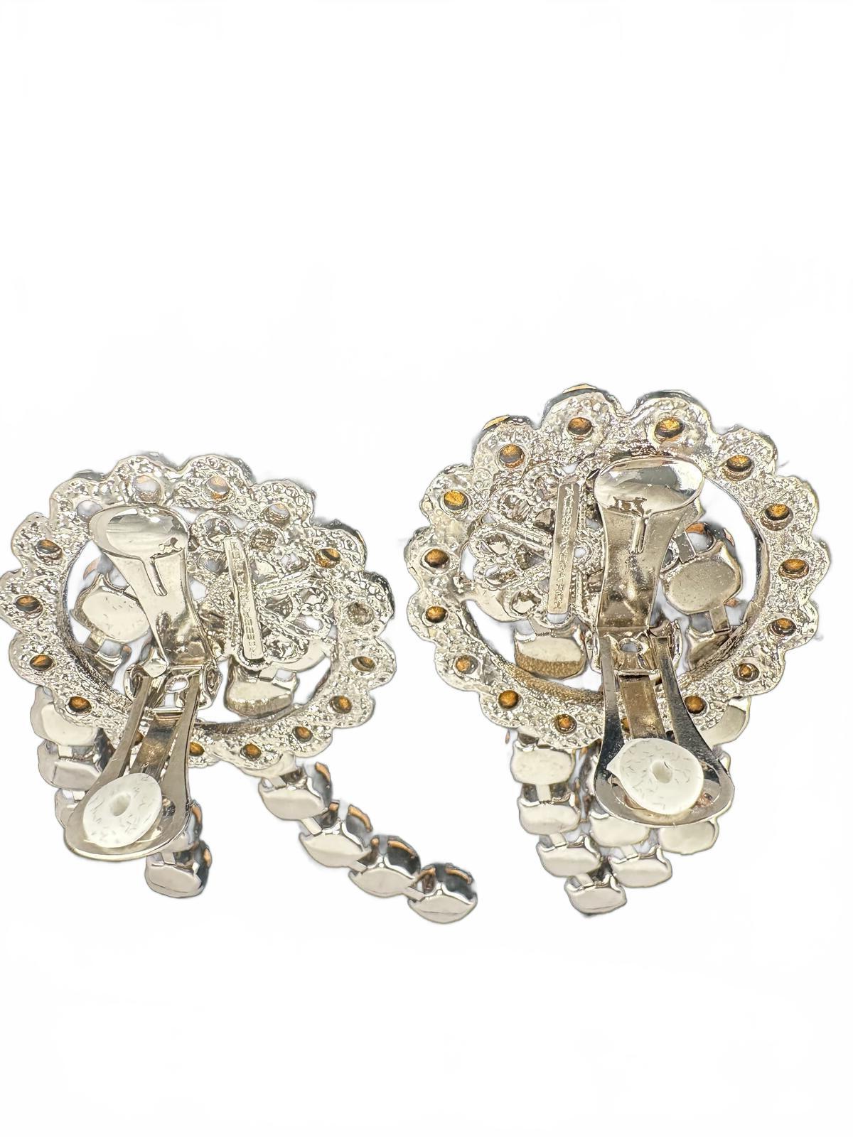 Alessandra Rich Crystal Cascade Drop Clip-On Earrings Silver 3” | NWT Box
