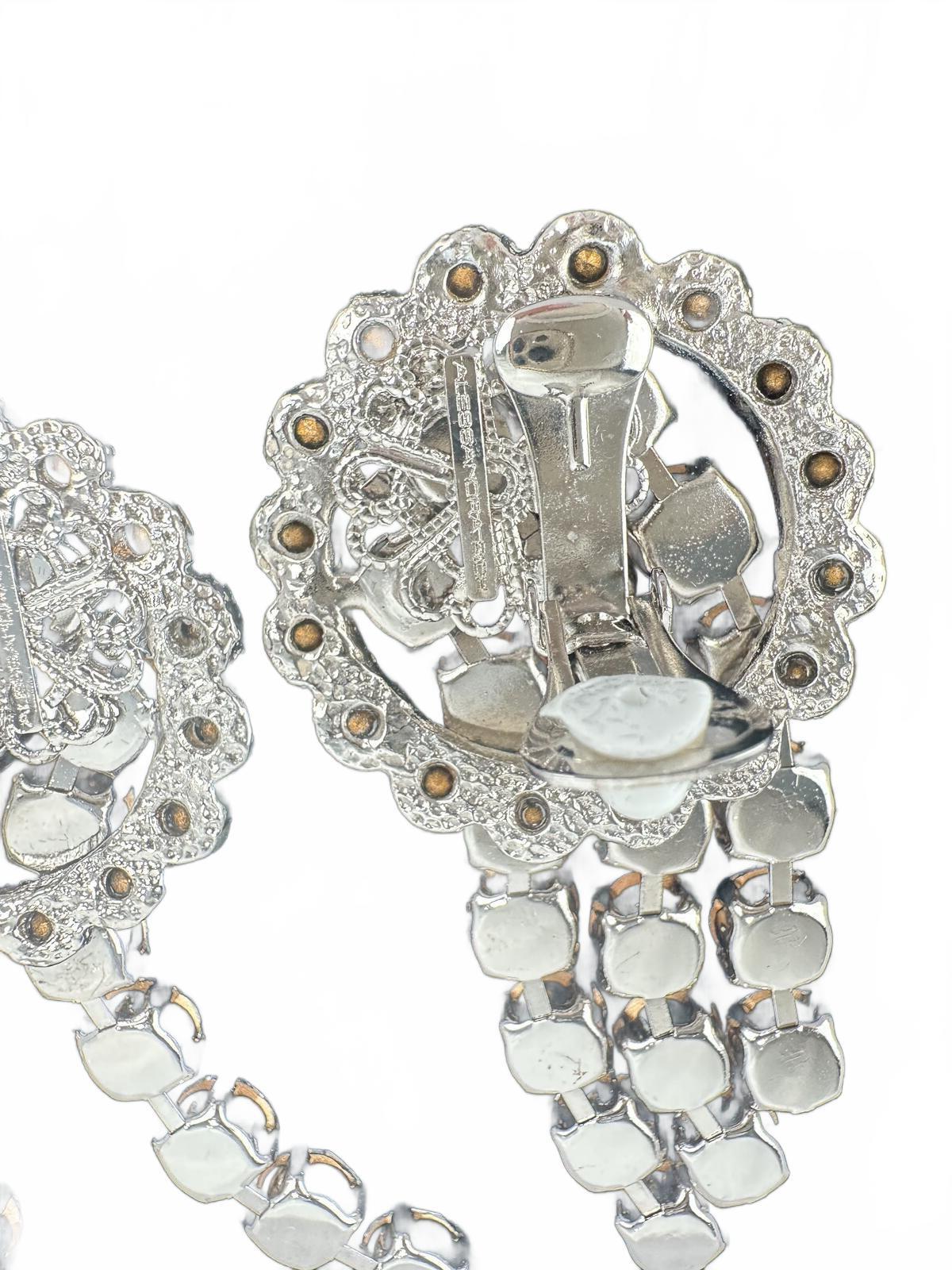 Alessandra Rich Crystal Cascade Drop Clip-On Earrings Silver 3” | NWT Box