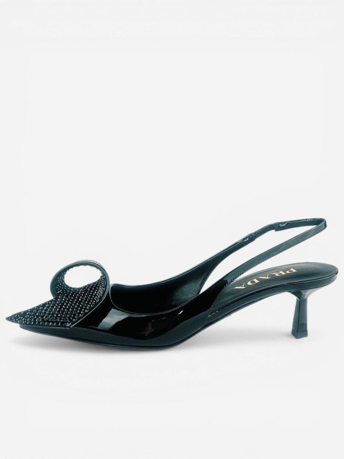 Prada Prada Black Patent Leather Logo Bow Kitten Heel Slingback EU 36.5 | NIB - Vestir