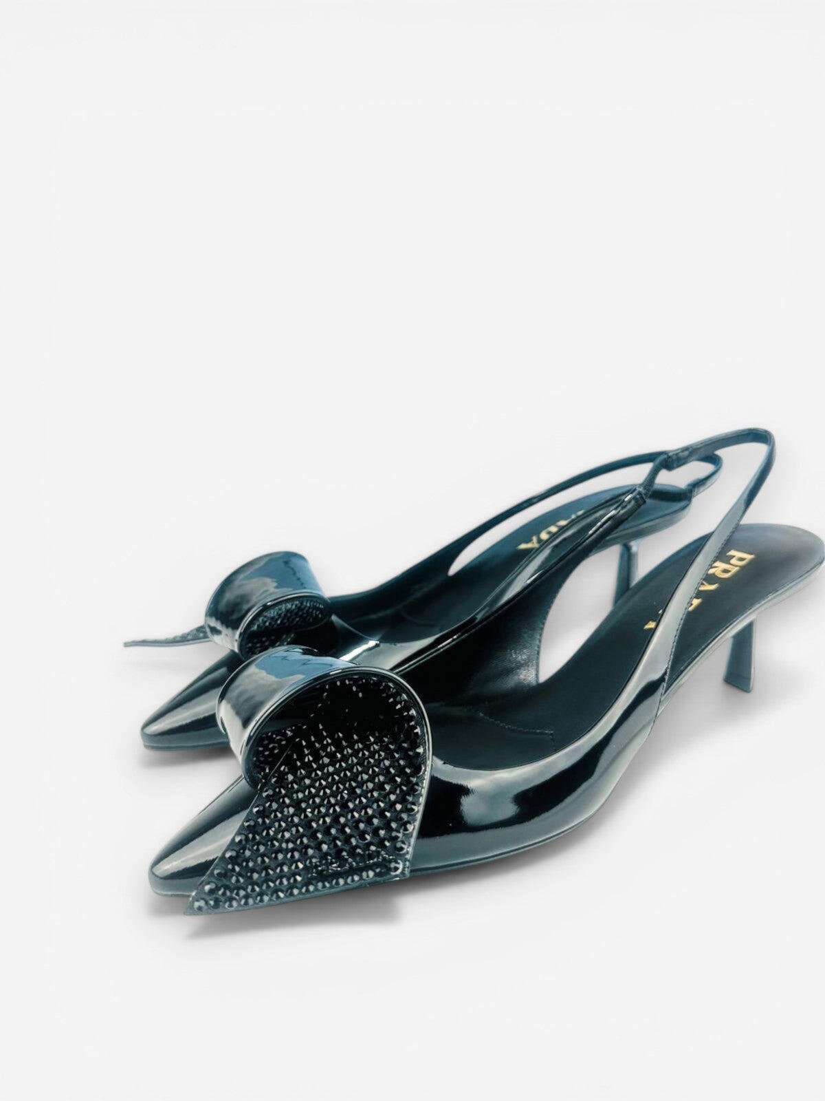 Prada Prada Black Patent Leather Logo Bow Kitten Heel Slingback EU 36.5 | NIB - Vestir
