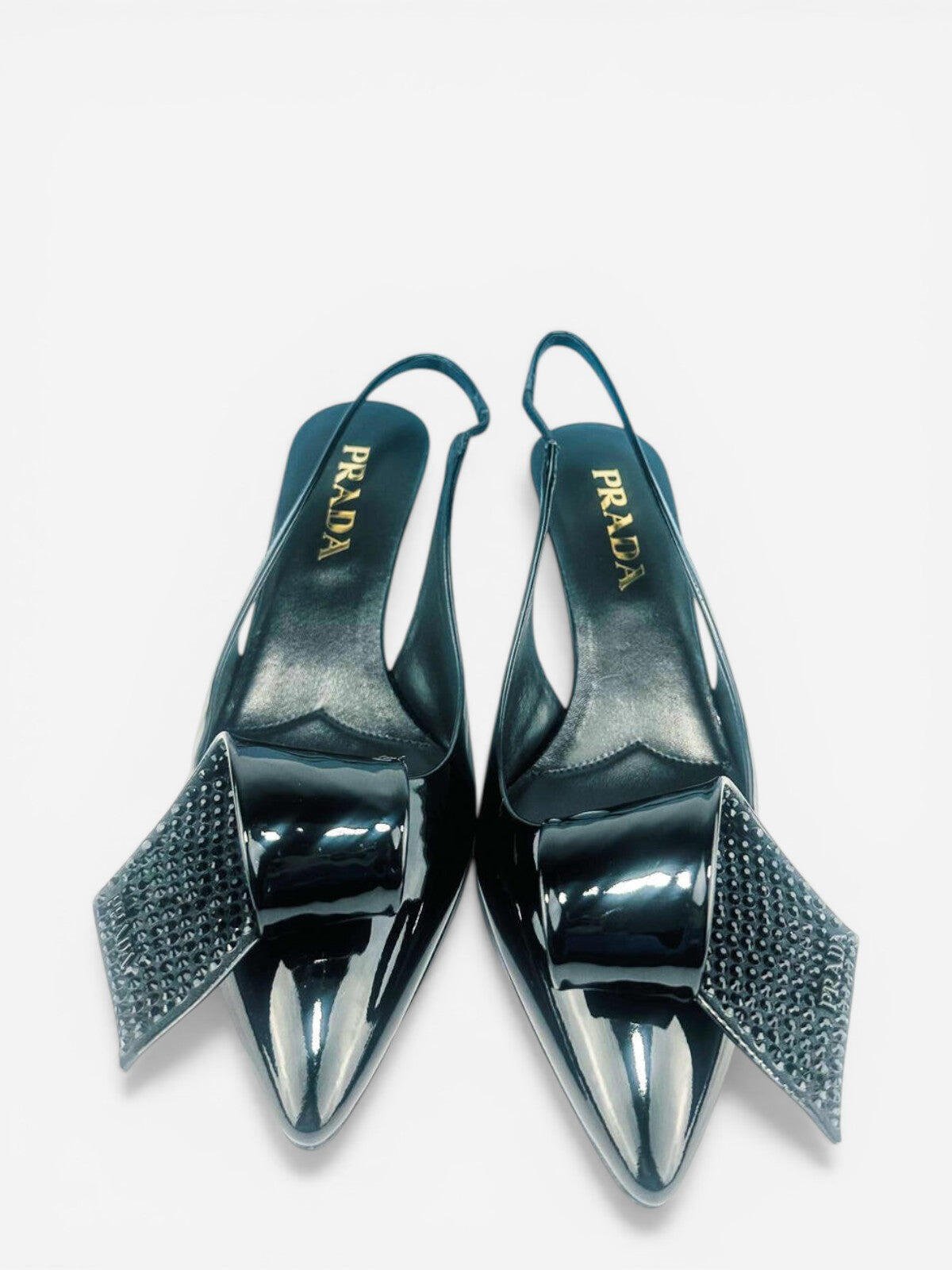 Prada Black Patent Leather Logo Bow Kitten Heel Slingback EU 36.5 – view 3
