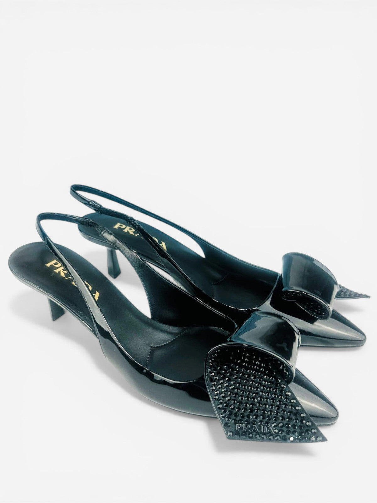 Prada Black Patent Leather Logo Bow Kitten Heel Slingback EU 36.5 – view 4