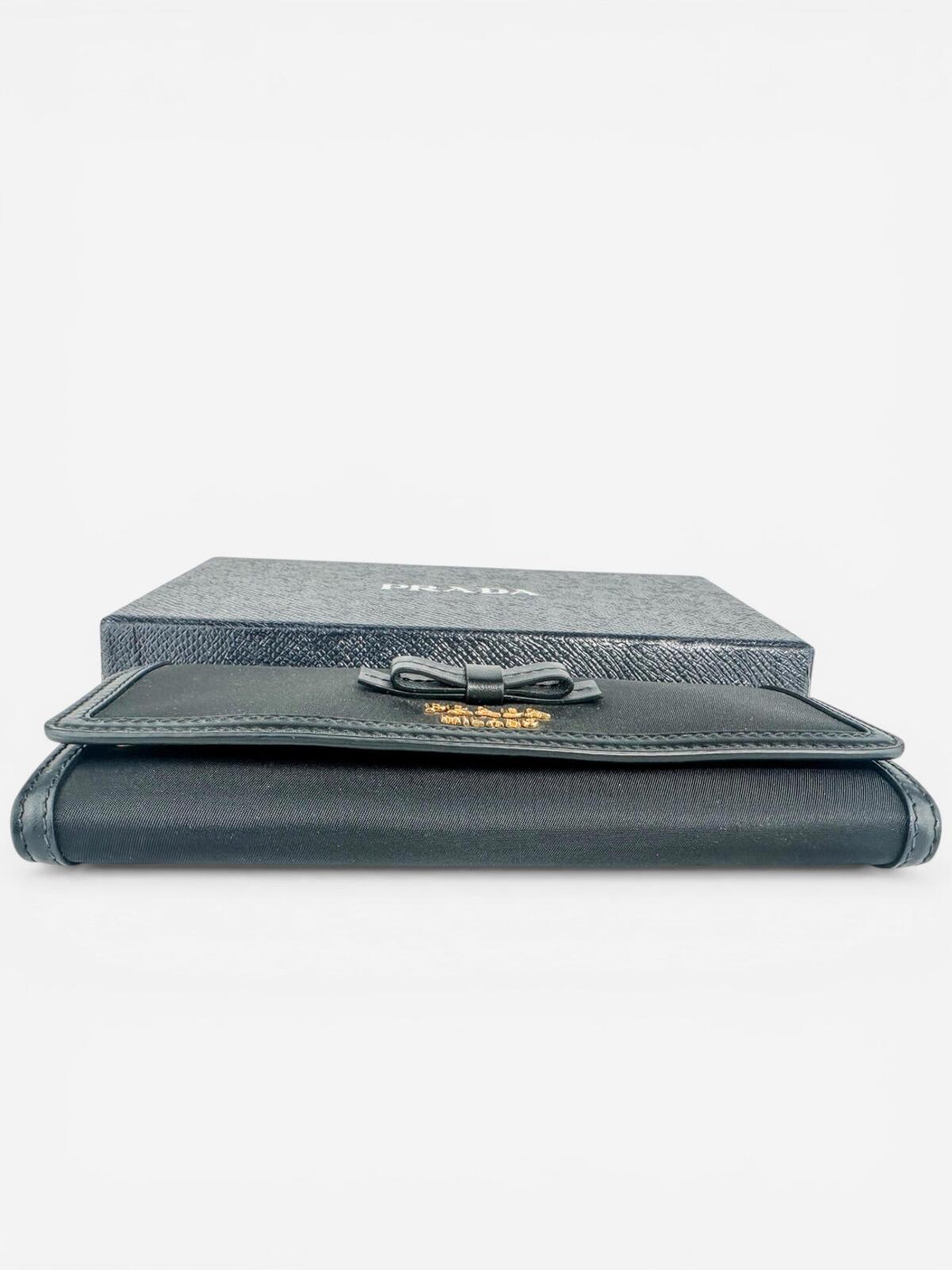 Prada Prada Pattina Bow Wallet Black Tessuto Nylon & Leather | New w/ Box - Vestir