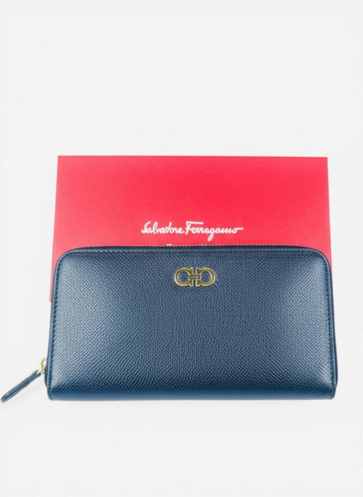 Salvatore Ferragamo Salvatore Ferragamo Gancini Zip-Around Wallet Navy Leather Gold | New - Vestir